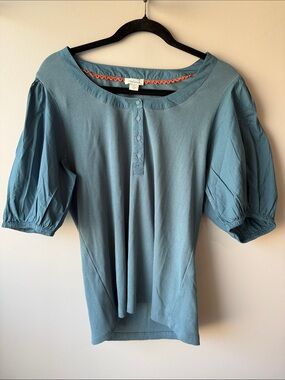 Sundance Slate Blue Puff-Sleeve Henley Top cotton large